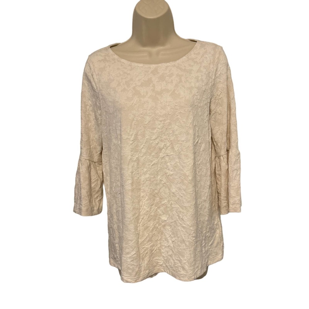 Ellen Tracy Womens Cream Jacquard‎ Bell Sleeve Blouse Top Small RN 123475